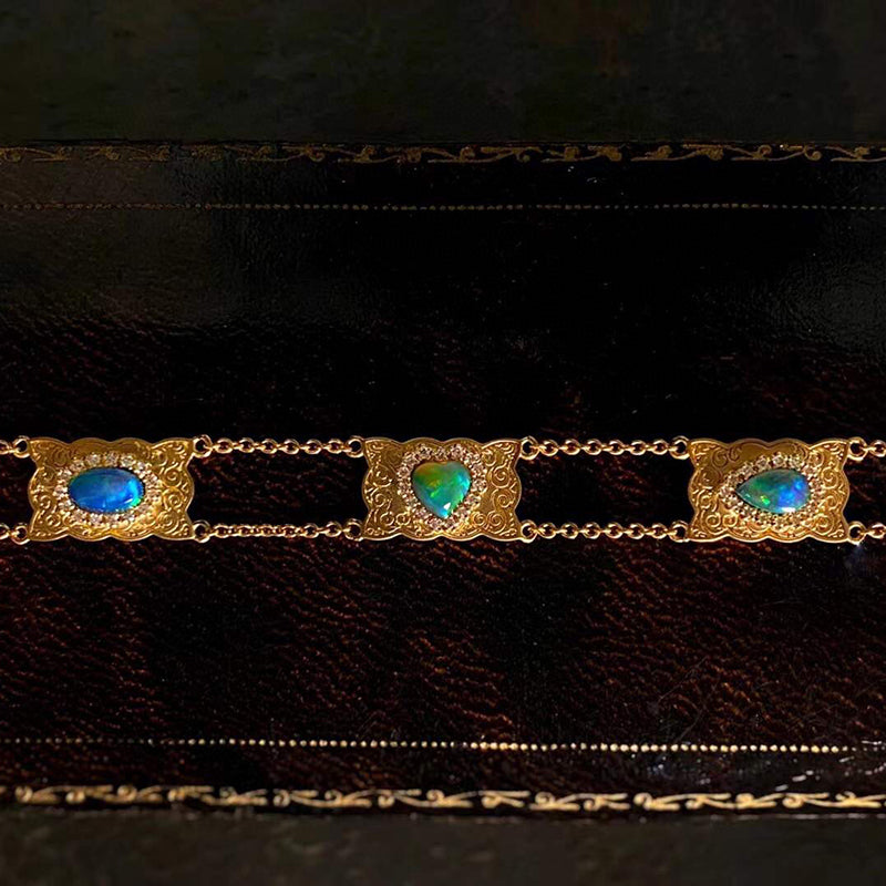 18K Gold 0.60ct Natural Opal Real Diamond Luxury Vinatge Bracelet