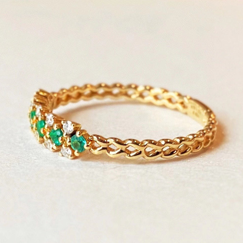18K Gold 0.13ct Round Cut Natural Emerald Diamond Vintage Ring