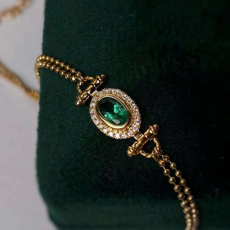 18K Gold Oval Shape Natural 0.2ct Emerald Diamond Vinatge Bracelet