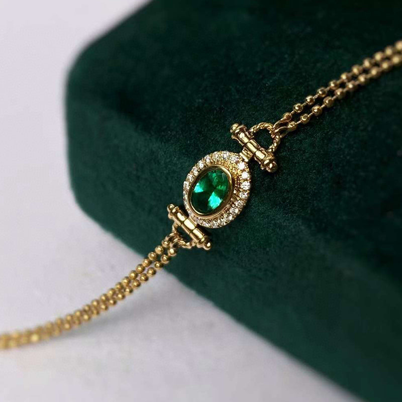 18K Gold Oval Shape Natural 0.2ct Emerald Diamond Vinatge Bracelet
