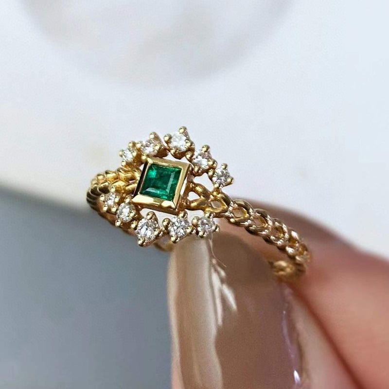 18K Gold 0.15ct Square Cut Natural Emerald Real Diamond Vintage Ring