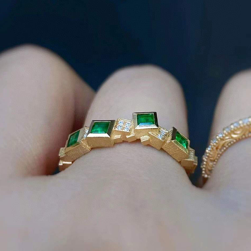18K Gold 0.35ct Square Cut Natural Emerald Real 0.05ct Diamond Ring