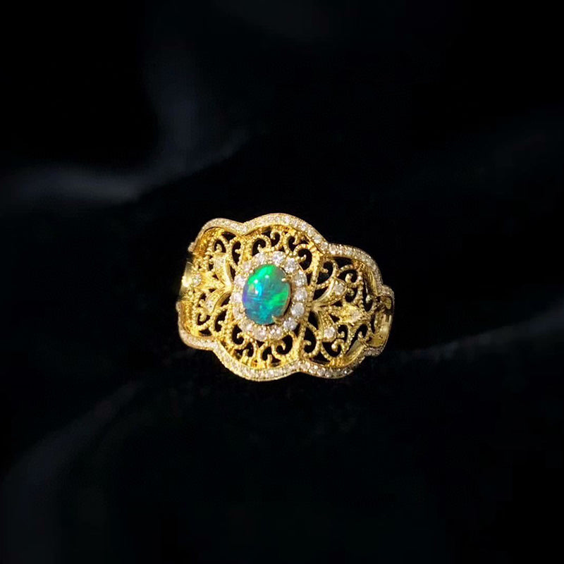 18K Gold Oval Cut 0.25ct Natural Opal Real Dianond Luxury Ring