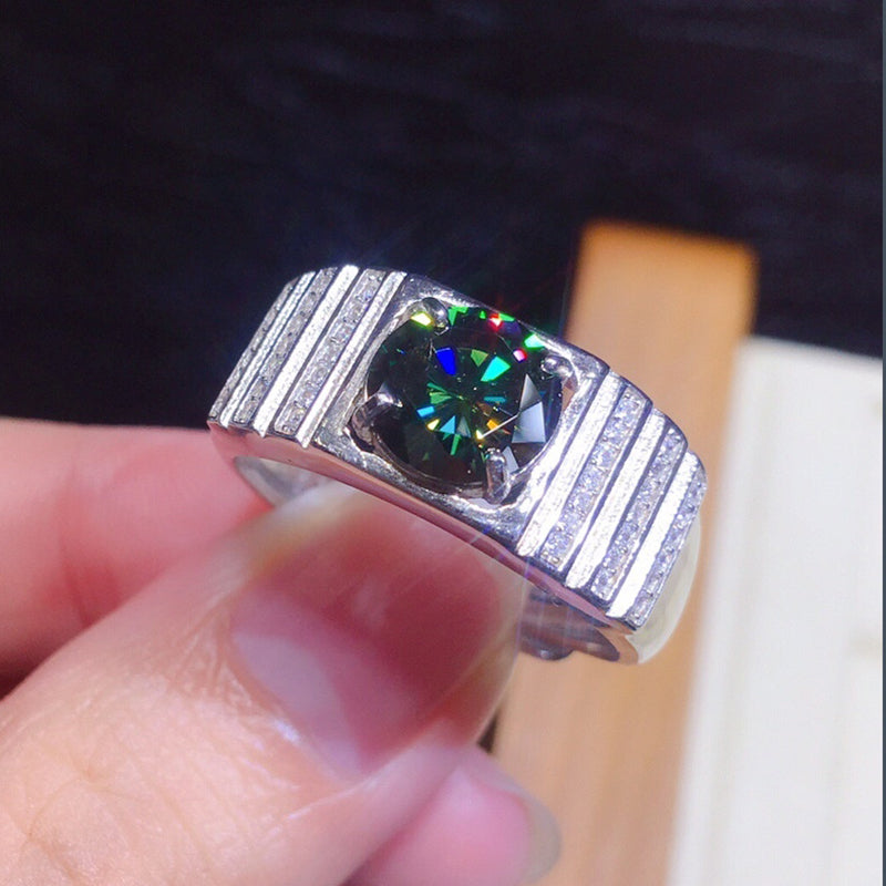 Round Cut 8mm Green Created Diamond Classic Men Ring Adjustable