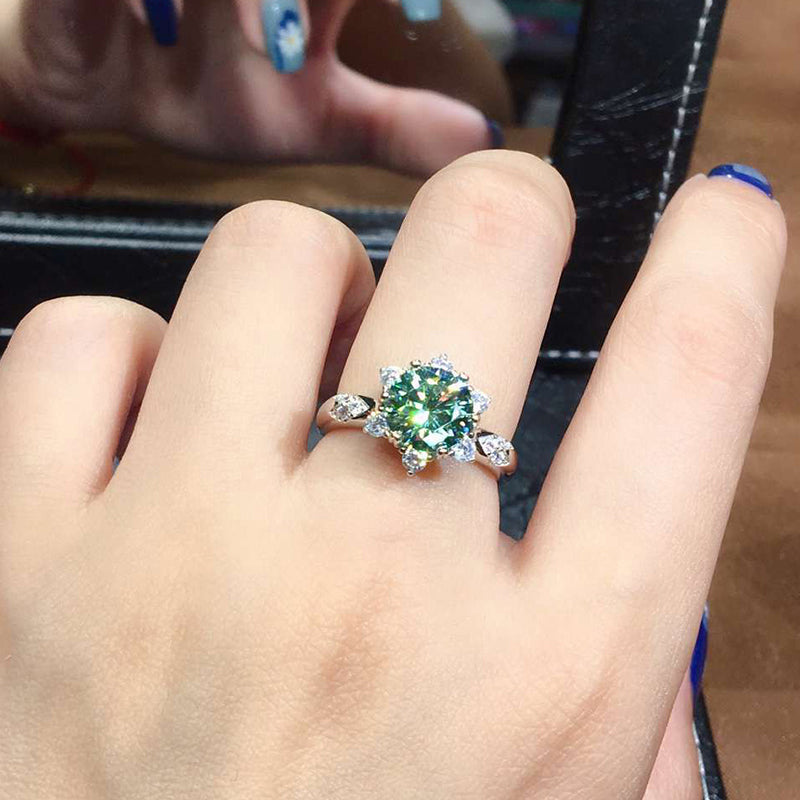 Round 1Carat Green Created Diamond Flower Shape Halo Ring Adjustable