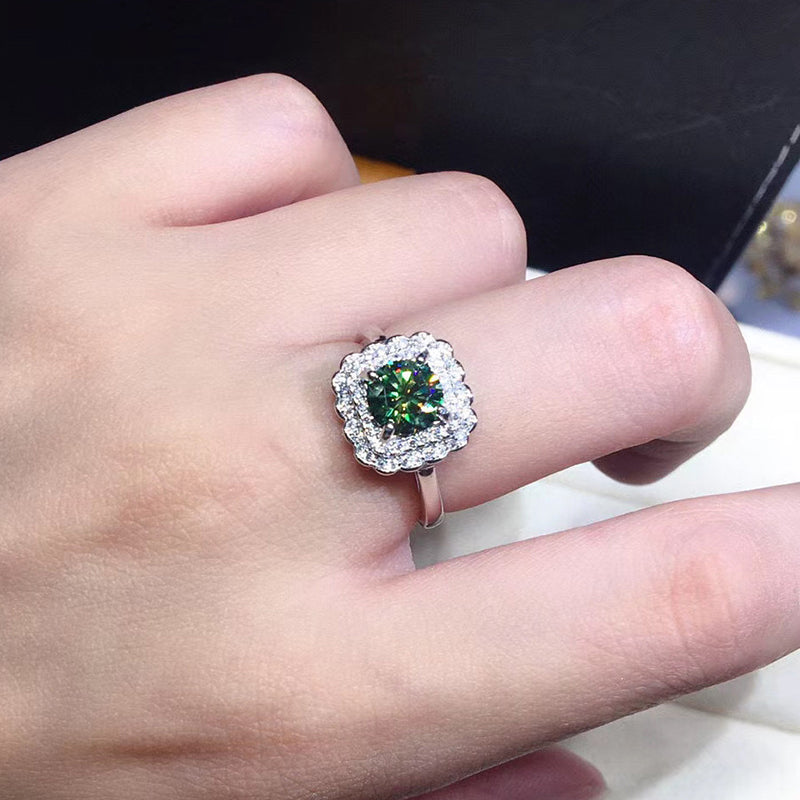 Round Cut 1Carat Green Created Diamond Classic Halo Ring Adjustable