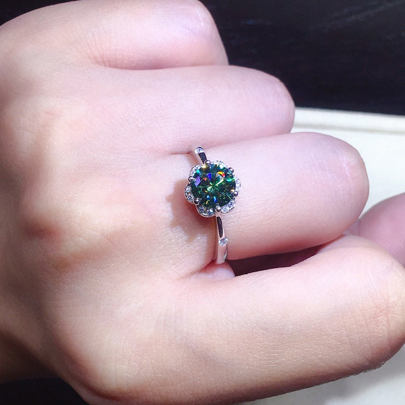 Round Cut 2ct Green Created Diamond Flower Shaped Ring Adjustable