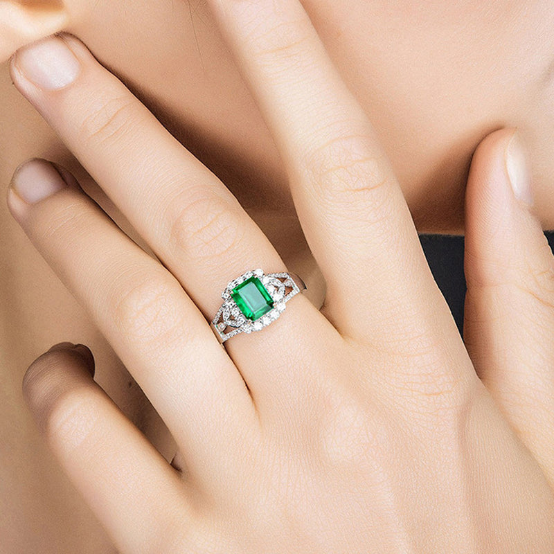 Vintage Emerald Cut Simulated Emerald Halo Ring
