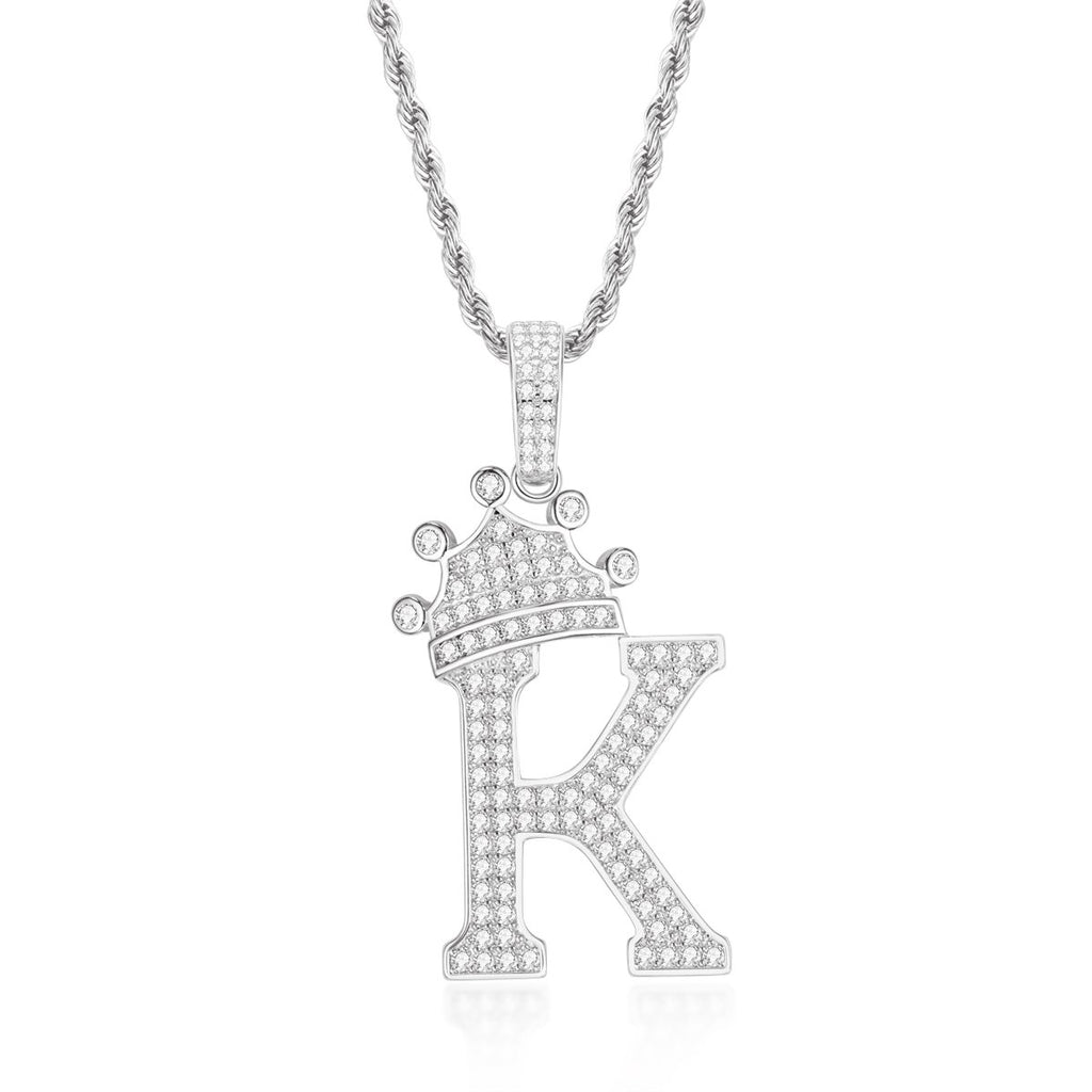 Iced Out Letter K Initial Pendant Rope Chain Necklace