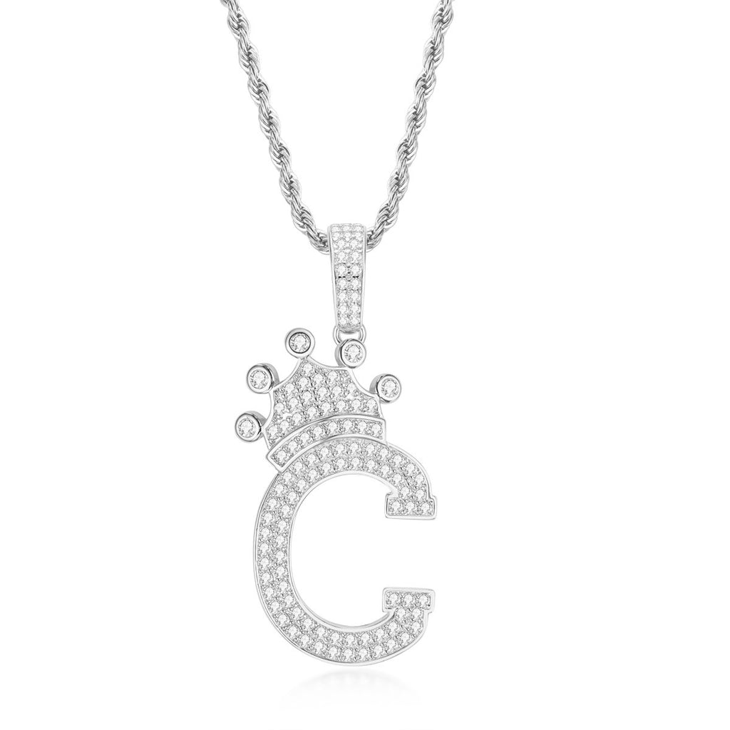 Crown Letter C Initial Pendant Necklace With Rope Chain 24''