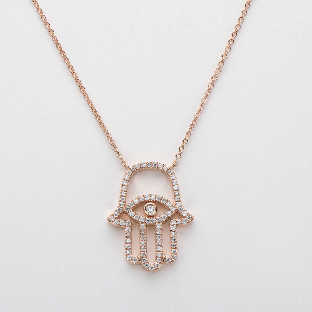 14K Gold Real Diamond Hamsa Hand of Fatima Evil Eye Pendant Necklace
