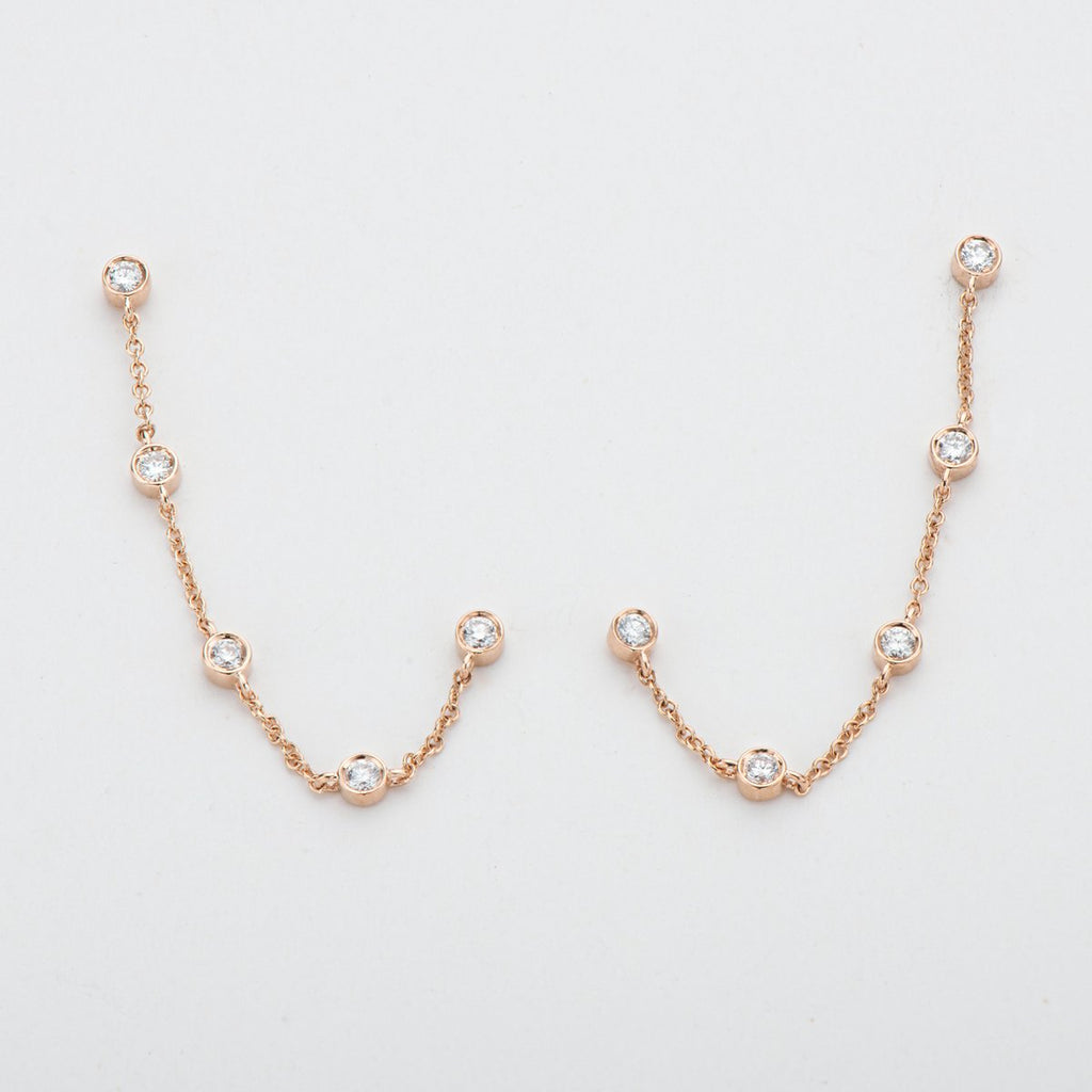 14K Gold Real Diamond Double Piercing Tassel Chain Dangle Stud Earrings