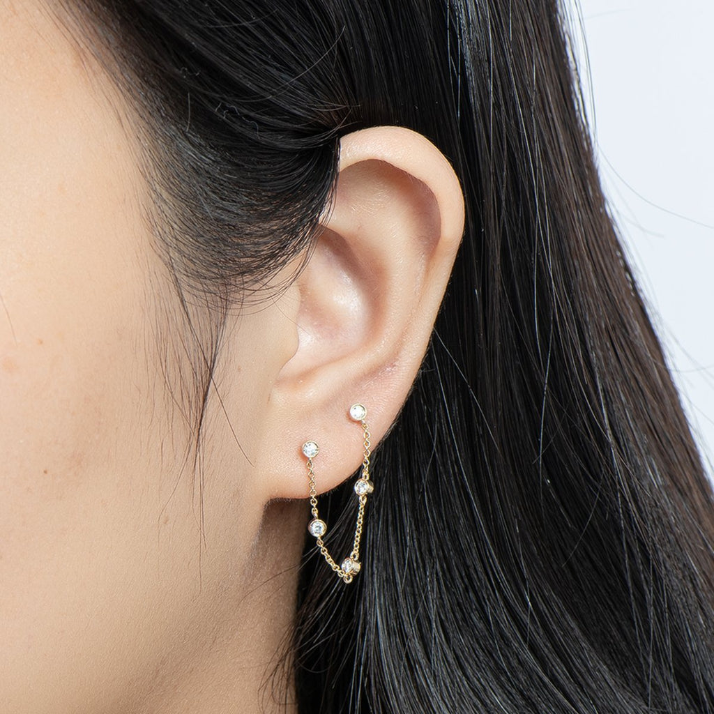 14K Gold Real Diamond Double Piercing Tassel Chain Dangle Stud Earrings