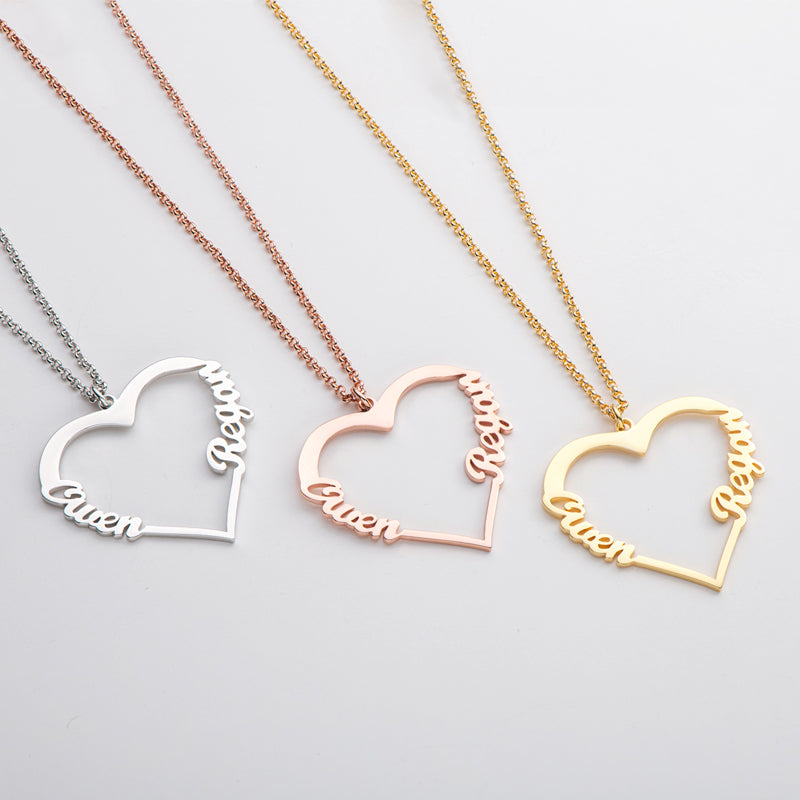 Personalized Two Name Heart Necklace for Women 18K Gold Plated