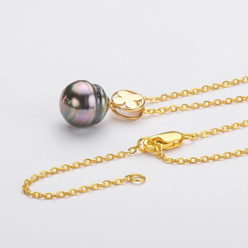 18k Gold Natural Cultured Tahitian Black Pearl Pendant Necklac with Silver Chain