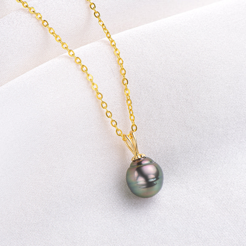 18k Gold 8.5-9mm Natural Cultured Tahitian Black Pearl Pendant Necklace