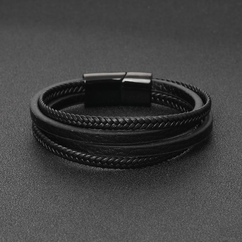 Men Bracelet Leather Braided Fashion Multi-Layer Black Leather Bracelet