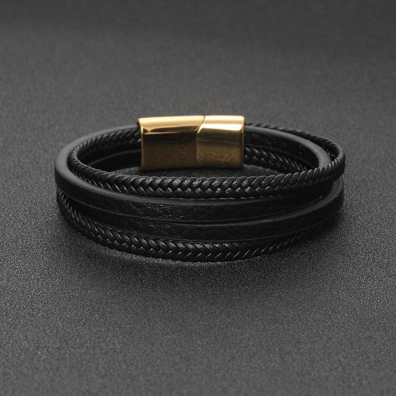 Men Bracelet Leather Braided Fashion Multi-Layer Black Leather Bracelet