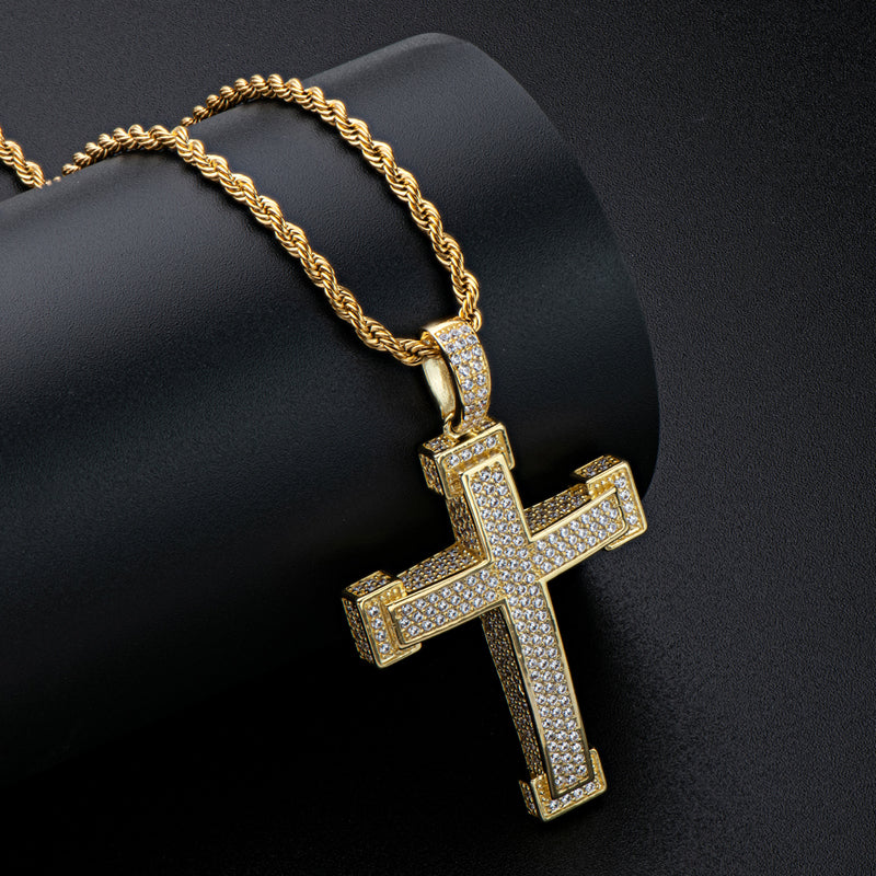 Three Rows Round Cut Created Diamond Cross Pendant Necklace 23.62''