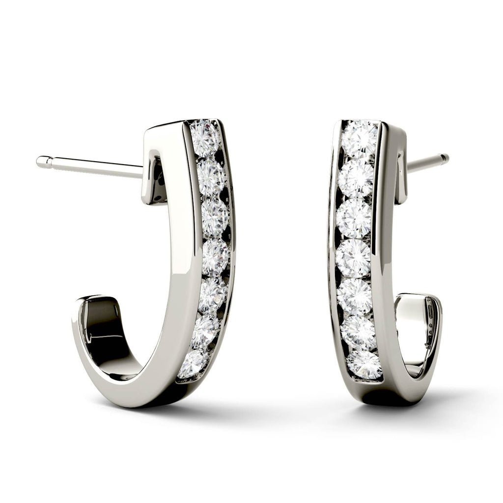 925 Sterling Sliver/14K/18K Gold Round Cut 2.0mm Moissanite Diamond J-Hoop Earrings