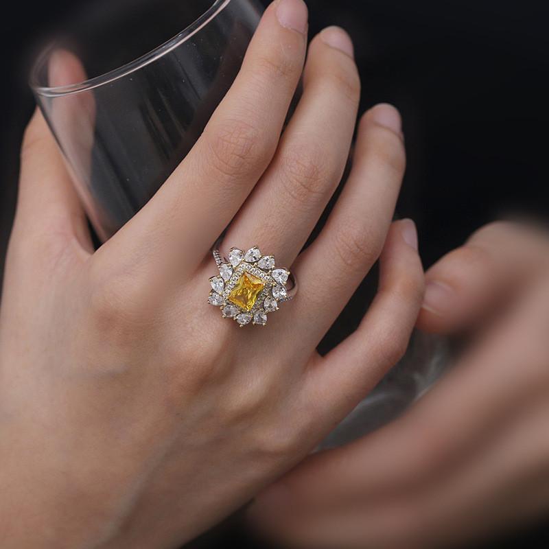 Radiant Cut Flower Shaped Yellow Created Diamond Ring