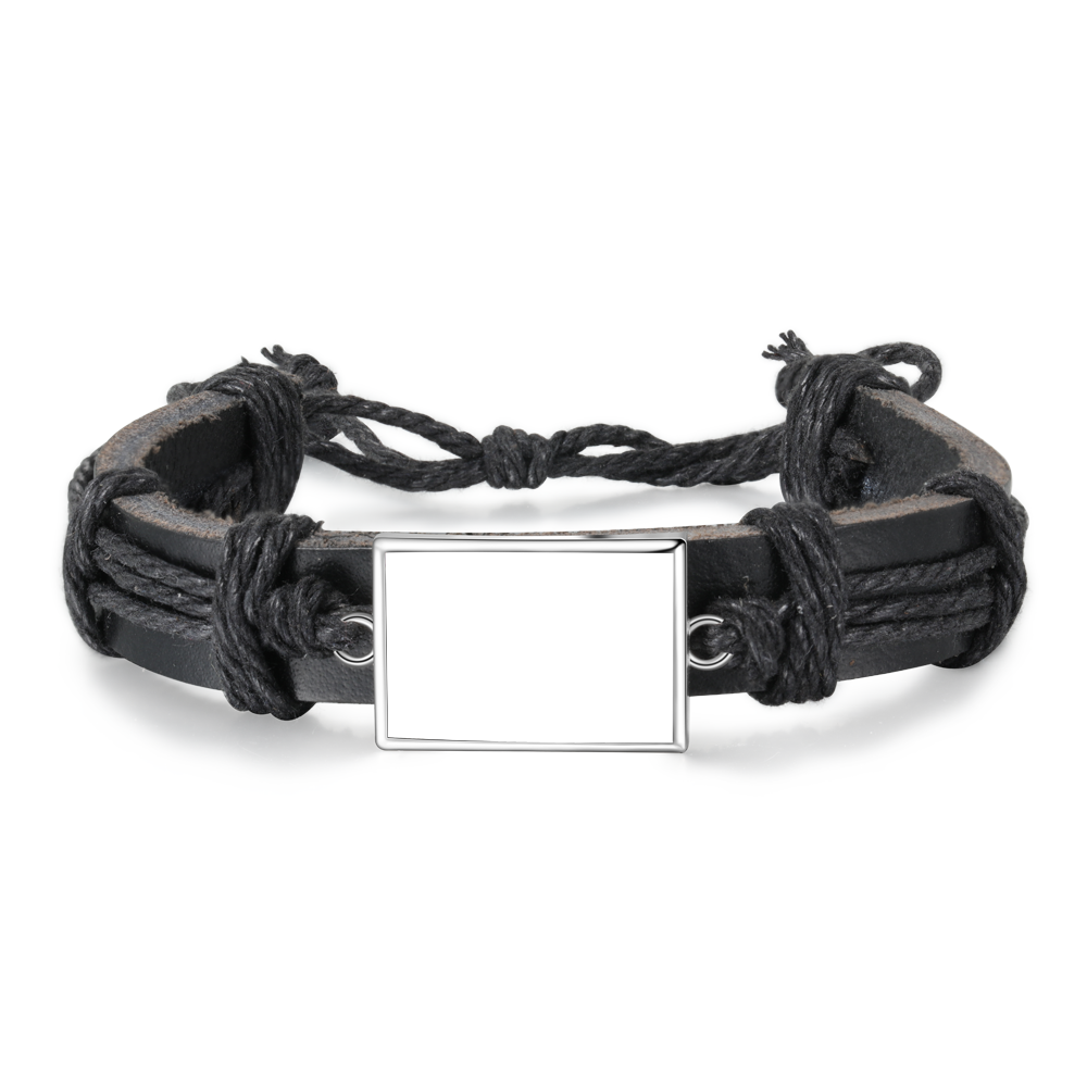 Men Photo Engraved Bracelet Leather Strap Rectangle Photo Tag  bracelets Black