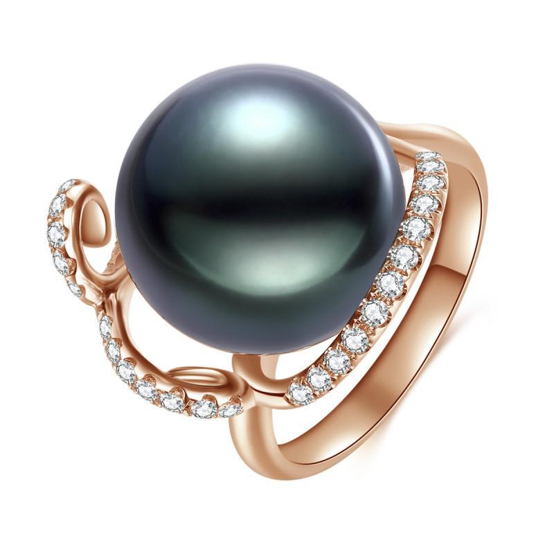 18K Solid Gold Natural 0.317ct Diamond (G-H, SI1-SI2) 14mm Black Tahiti Pearl Ring