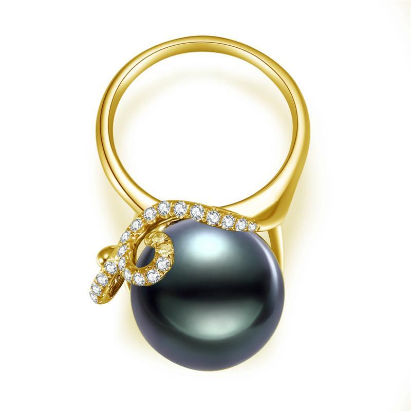 18K Solid Gold Natural 0.317ct Diamond (G-H, SI1-SI2) 14mm Black Tahiti Pearl Ring