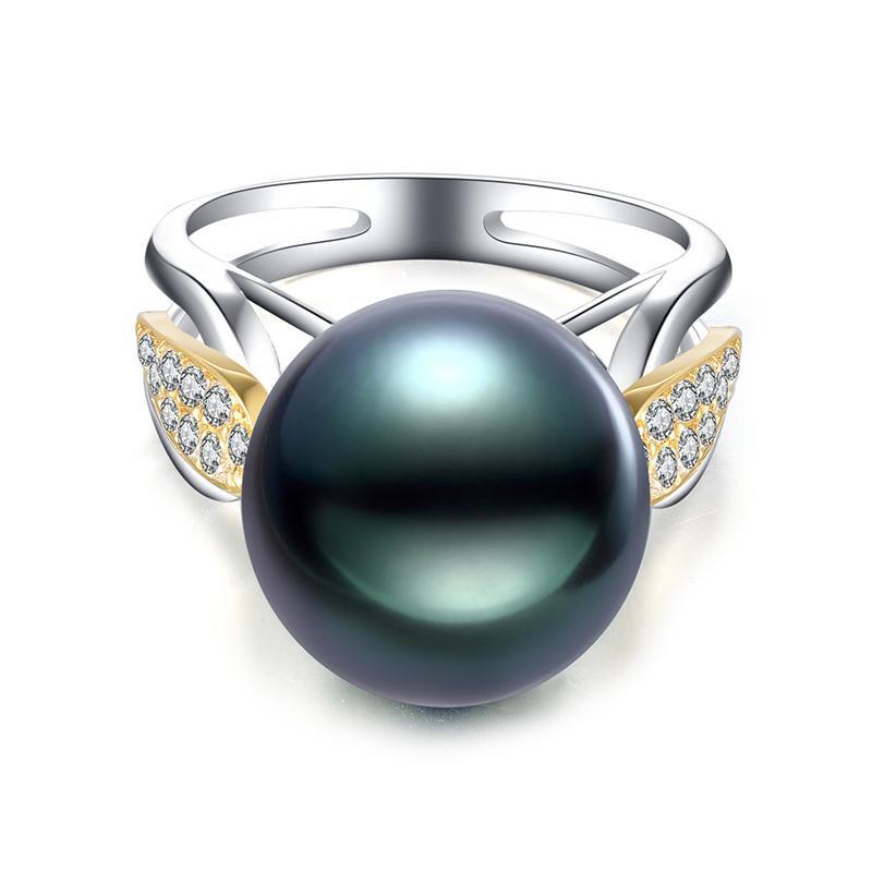 18K Solid Gold Natural 0.276ct Diamond (G-H, SI1-SI2) 13mm Black Tahiti Pearl Ring