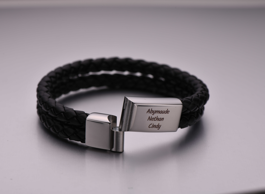 Engraved Men Bracelet With Black Leather