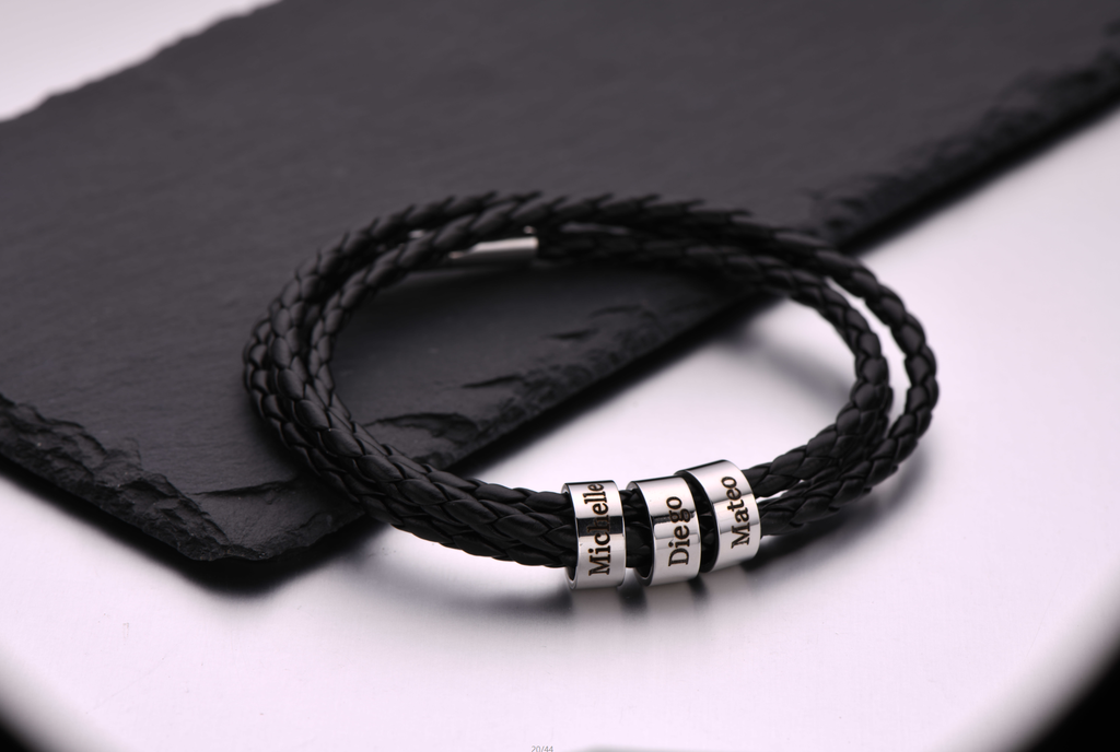 Men's Bracelet with Small Custom Beads - Leather Chain
