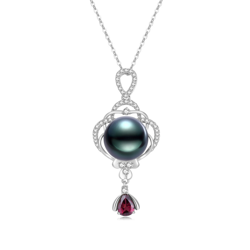 18K Solid Gold Natural 0.438ct Diamond (G-H, SI1-SI2) Sapphire 13mm Black Tahiti Pearl Pendant Necklace
