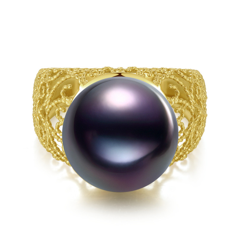 18K Solid Gold Natural 13mm Black Tahiti Pearl Ring