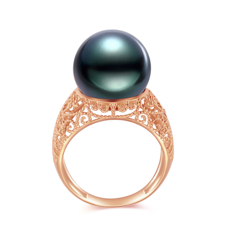 18K Solid Gold Natural 13mm Black Tahiti Pearl Ring