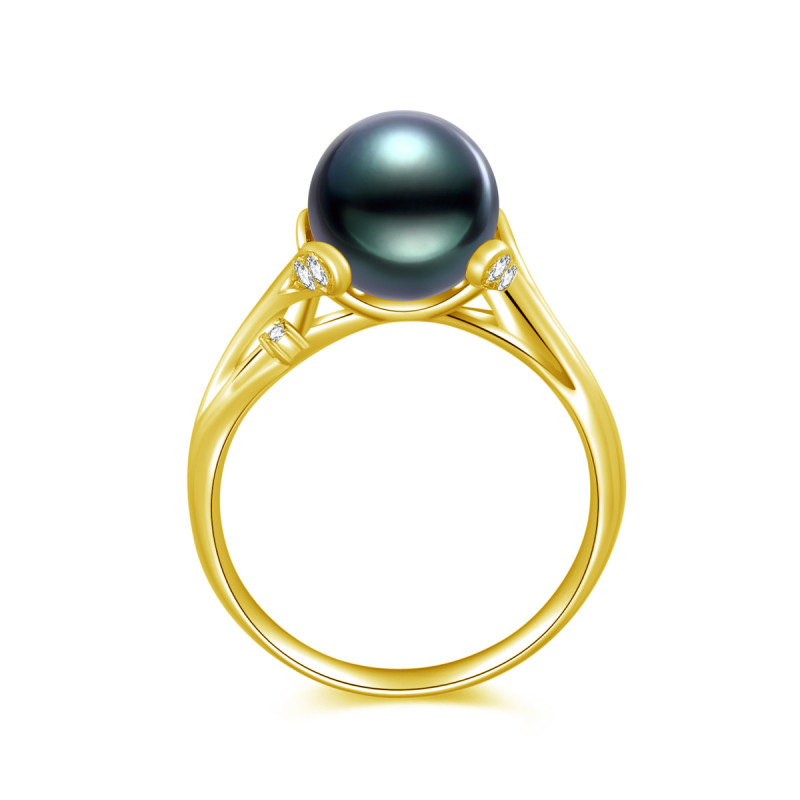 18K Solid Gold Natural 0.143ct Diamond (G-H, SI1-SI2) 8.5mm Black Tahiti Pearl Ring