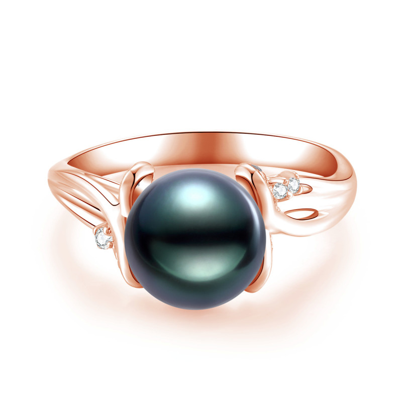 18K Solid Gold Natural 0.143ct Diamond (G-H, SI1-SI2) 8.5mm Black Tahiti Pearl Ring