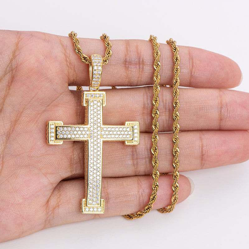 Three Rows Round Cut Created Diamond Cross Pendant Necklace 23.62''