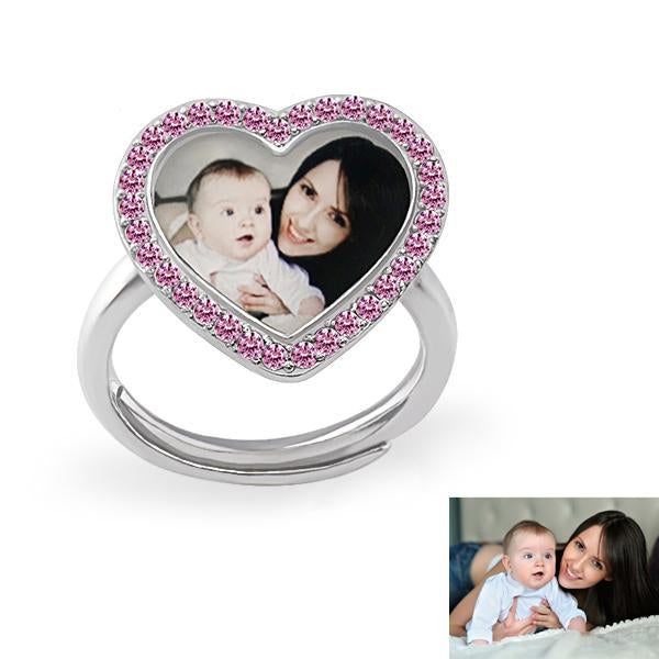 Personalized Photo Heart Shaped Ring With Birthstone