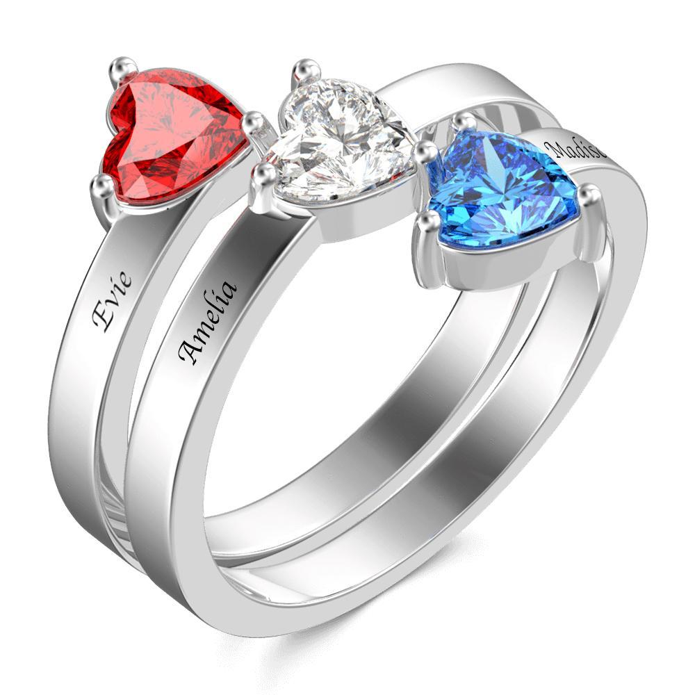 Three Heart Birthstone Promise Ring with Engraving Silver