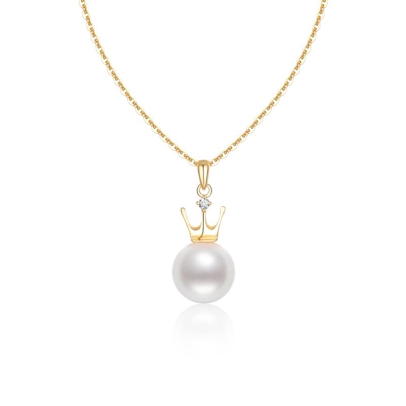 18k Natural Freshwater 8mm White Pearl Necklace Crown Pendant with Diamond