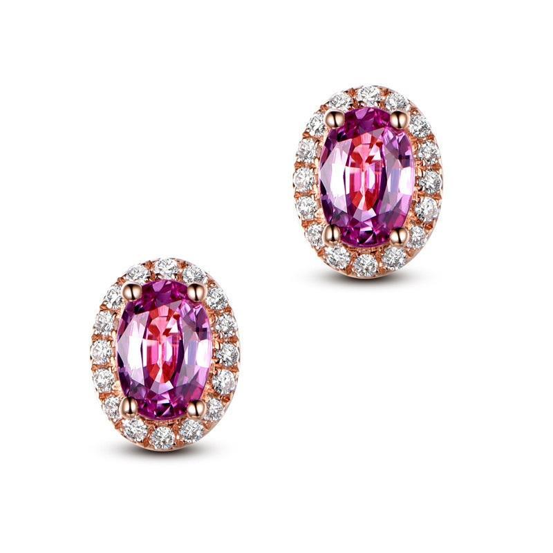Pink Oval Cut Created Sapphire Halo Earrings