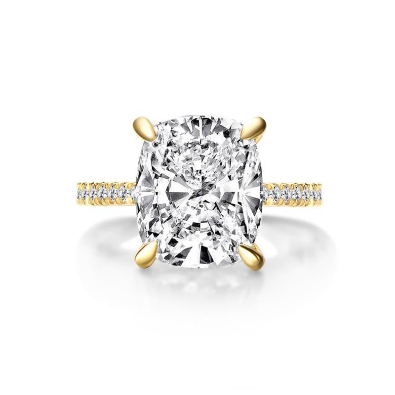 Yellow Gold 6 Carat Cushion Cut Created Diamond Solitaire Wedding Engagement Ring 925 Sterling Silver