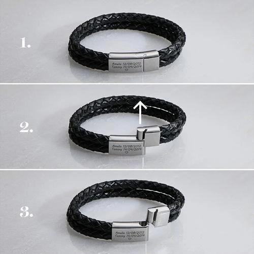 Engraved Men Bracelet With Black Leather
