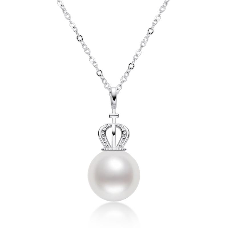 Sterling Silver Freshwater White 9.5-10mm Pearl Necklace Crown Pendant for Women