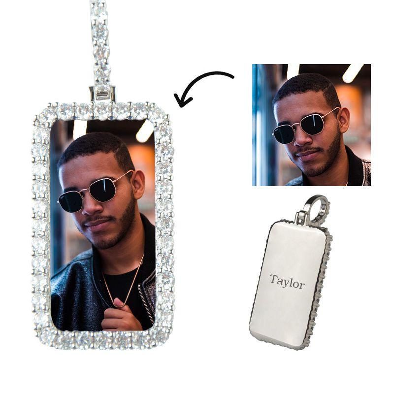 Iced Rectangle Photo Pendant in White Gold