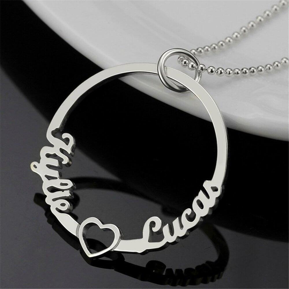 Sterling Silver Circle Two Name Necklace with heart