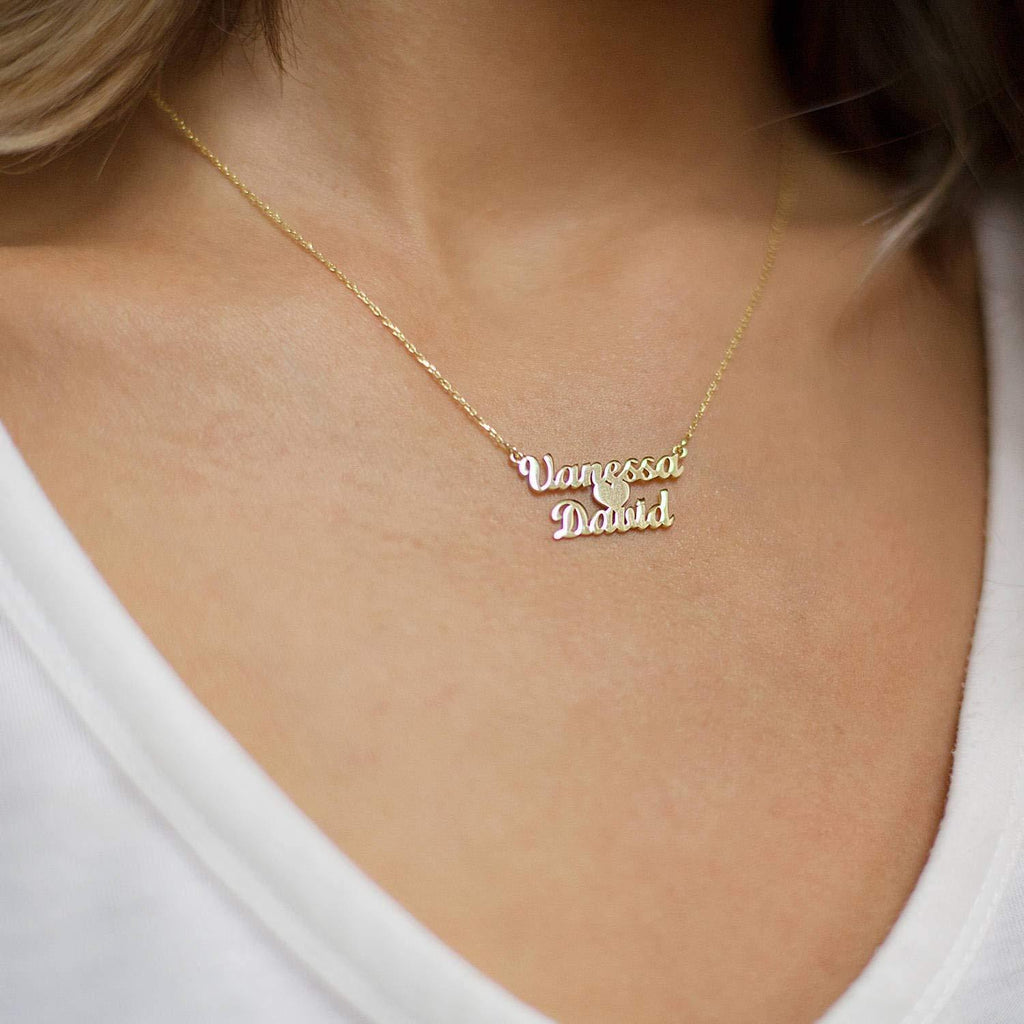 Heart Love Necklace In Middle With Personalized Customized Two Names 18K Gold Plate