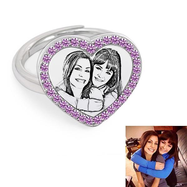 Personalized Photo Heart Shaped Ring With Birthstone