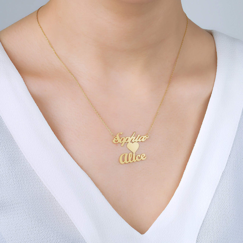 Heart Love Necklace In Middle With Personalized Customized Two Names 18K Gold Plate