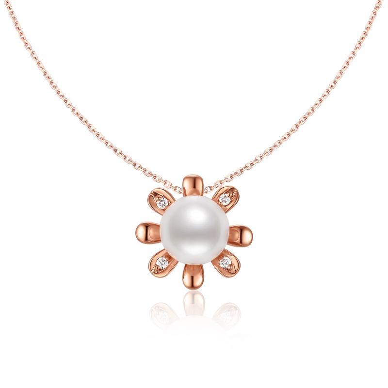 18K Rose Gold Diamond Freshwater Pearl Flower Pendant Necklace with Diamond